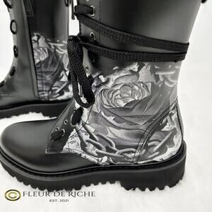 Valentino x Undercover Black Rose Print Leather Combat Boots sz 40.5